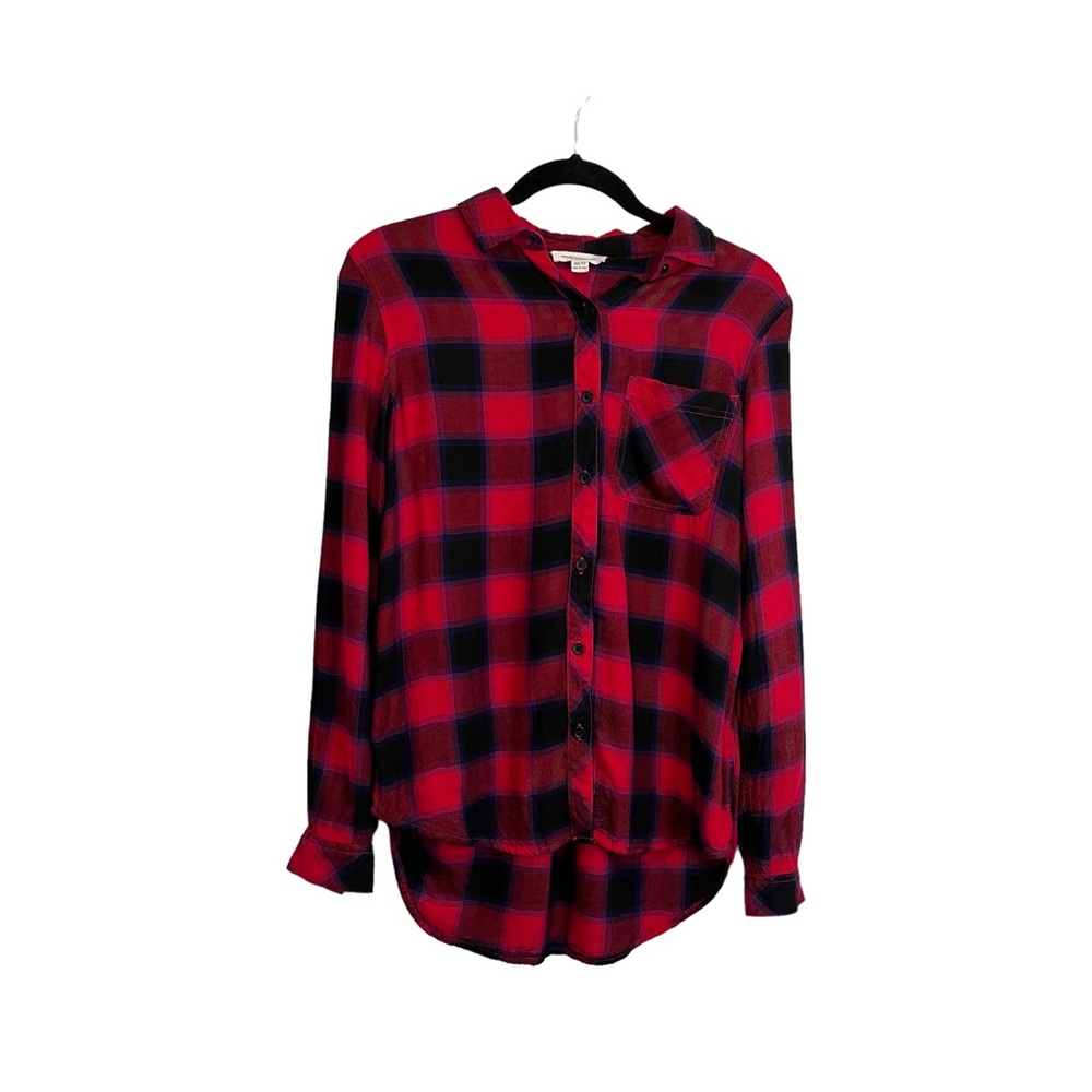 Beach Lunch Lounge Red Plaid Long Sleeve Hi Low Button Up Shirt Womens Size XS